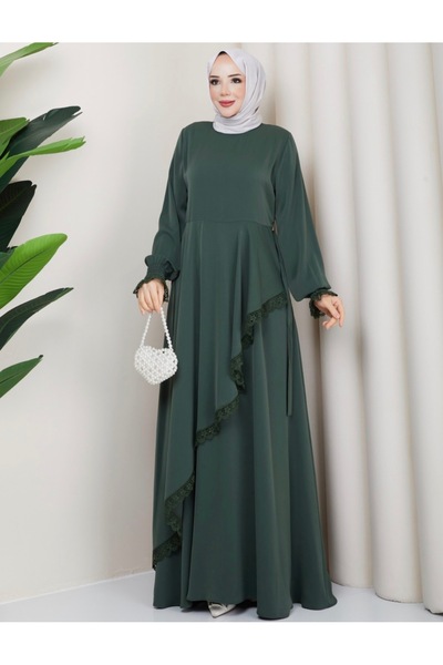 Veka Yeşil boydan danlet detaylı tesettür elbise