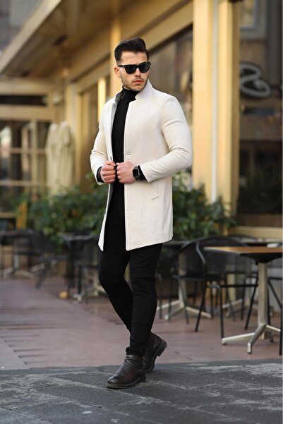 MODAMESTO Men's Ecru Slim Fit Stand Collar Buttoned Cashmere Coat
