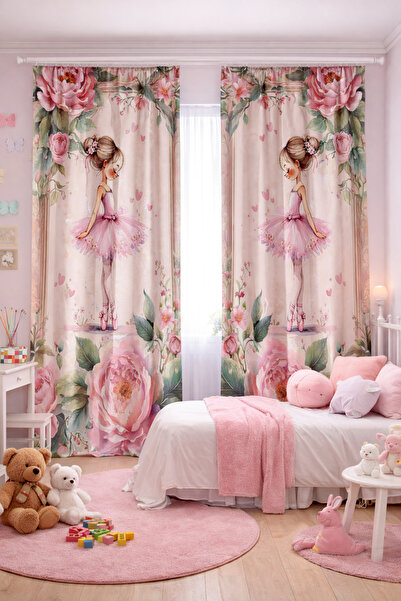 Bebişim Halı Kız Çocuk Odası Çift Kanatlı Fon Perde Balerin Kız ve Çiçek Desenli