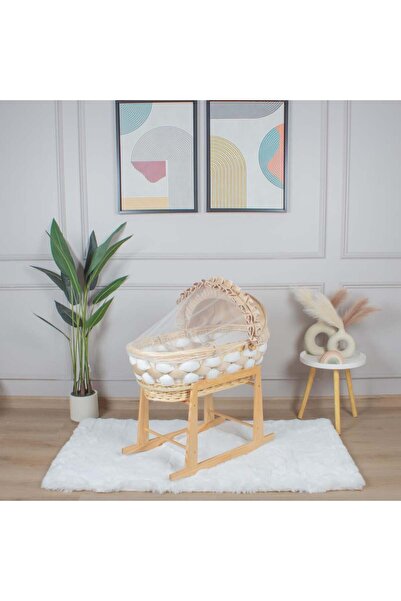 My Baby سرير سلة موسى خيزران خشبي بتلبيسة ضفيرة بيج مع حامل هزاز امامي خشبي