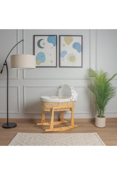 My Baby سرير سلة موسى قش بتلبيسة قماش الفيسبوك اوف وايت مع حامل هزاز امامي خشبي