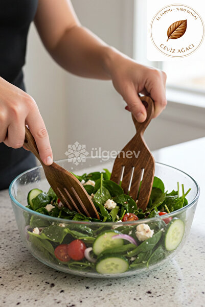 Ülgenev 2 Pieces 100% Natural Walnut Wood Handmade Wooden Salad Serving Forks...