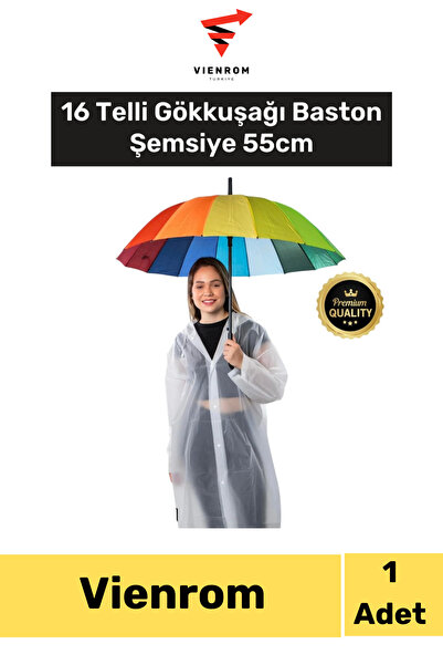Vienrom #Şemsiye 16 Telli Gökkuşağı Baston Şemsiye 55cm Otomatik Baston Tip R...