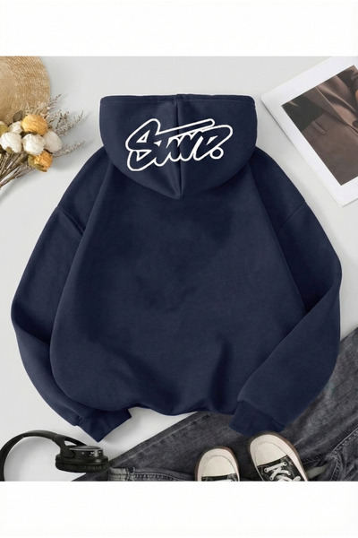 Rayan & Hoor Style Oversize Navy Blue Hooded Sweatshirt - Thick 3-Yarn Premiu...