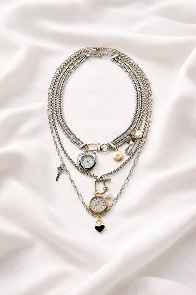 Ares 01 Store ✨ Saat Figürlü Kalp Charm Detaylı 3’lü Gümüş Renk Kolye ✨