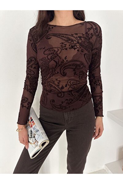 Mouillé Flok Baskılı Bluz Transparan Vücudu Saran Uzun Kollu Bluz