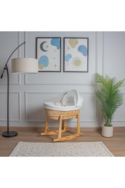 My Baby سرير سلة موسى قش بتلبيسة قماش مقلّم اوف وايت مع حامل هزاز امامي خشبي