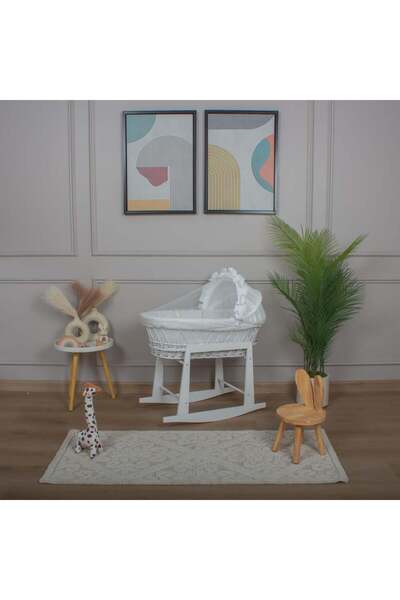 My Baby White rattan Moses basket bed with off-white pomegranate seed fabric ...