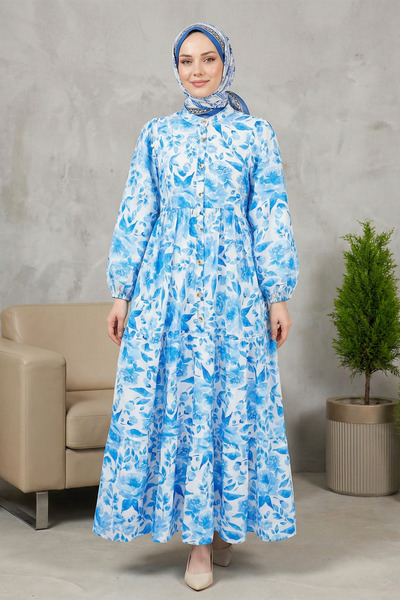 Kirazgym Women's Leaf Patterned Long Dress with Half Buttons and Elastic Slee...