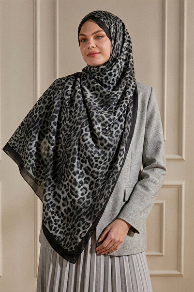 SilkTouch Siyah Gri Leopar Desenli Kraş Şal