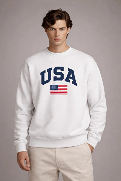 COMBİNE MİCHAİL Ανδρικό φούτερ με στάμπα America, φαρδύ, εκρού χρώματος