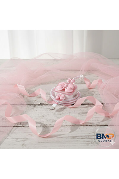BMP MARKET Coquette Serisi Pembe Kurdele Detaylı Şarj Kablosu ve Adaptör Koru...