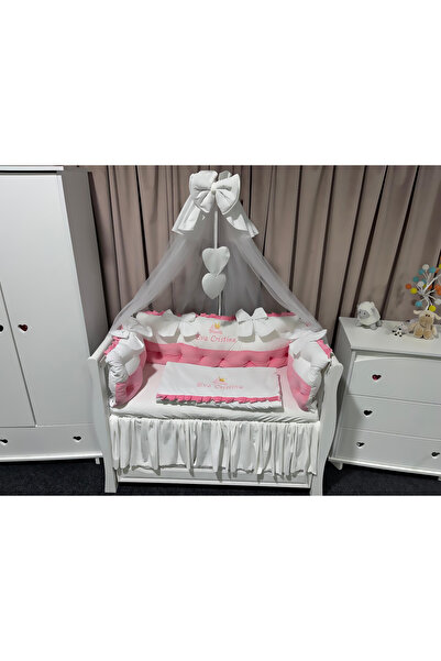 PeppiBambini Lenjerie de patut personalizata 7 piese ROYAL Catifea White Pink -