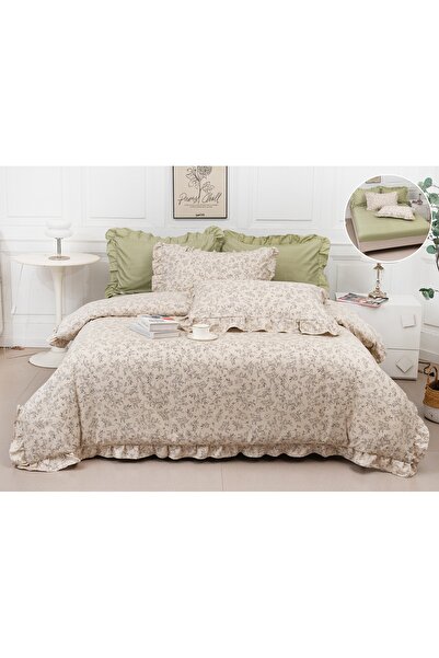 Truva Grup Fine Cotton Bed Linen with Ruffles - 6 Pieces, Fitted Sheet, 180x2...