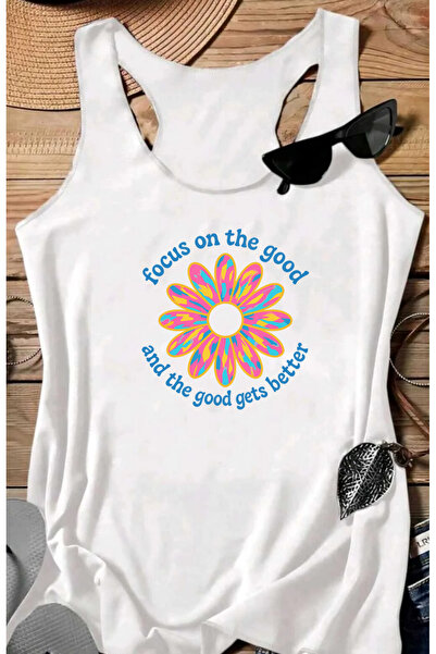 SUNFREE تيشيرت نسائي من القطن برقبة على شكل حرف U مطبوع عليه FOCUS GOOD