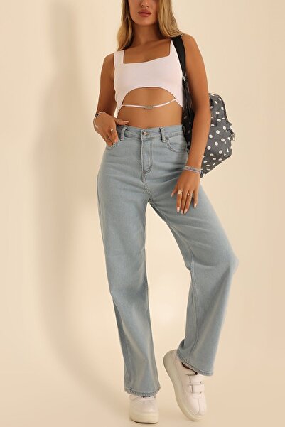 ByCukurovaFrango Linda 90's Light Snow Blue Lycra Super High Waist Wide Leg L...