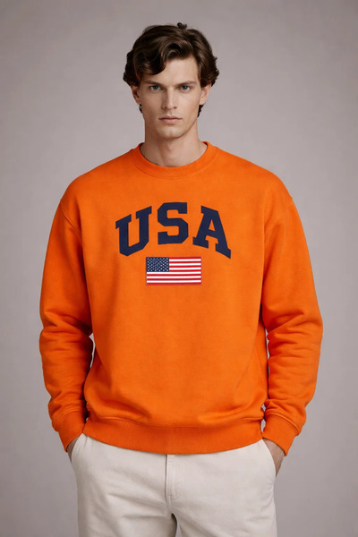 COMBİNE MİCHAİL Men's America Print Loose Orange Sweatshirt