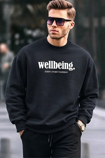 COMBİNE MİCHAİL Ανδρικό φούτερ με στάμπα Wellbeing σε μαύρο χρώμα