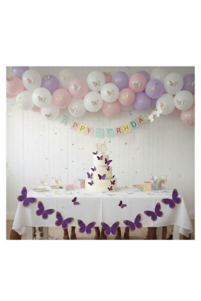HAPPYLOOPPARTY Kelebek Gold Varaklı Mor 3 D 21 Li Kelebek Sticker Balon Pasta...