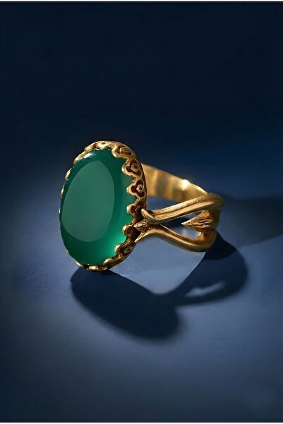 Takıdepo Lale Model Yeşil Akik Taşlı El İşi Gümüş Yüzük - Altın Rengi
