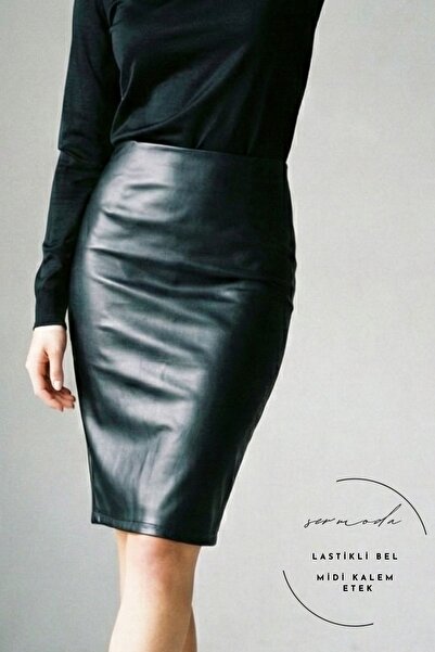 sermoda Pencil Leather Skirt - Slim Fit Midi Pencil Skirt with Elastic Waist ...