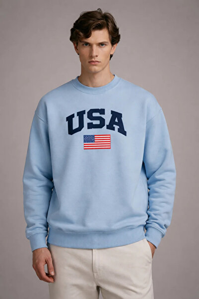 COMBİNE MİCHAİL Ανδρικό φούτερ με στάμπα America, φαρδύ, μπλε