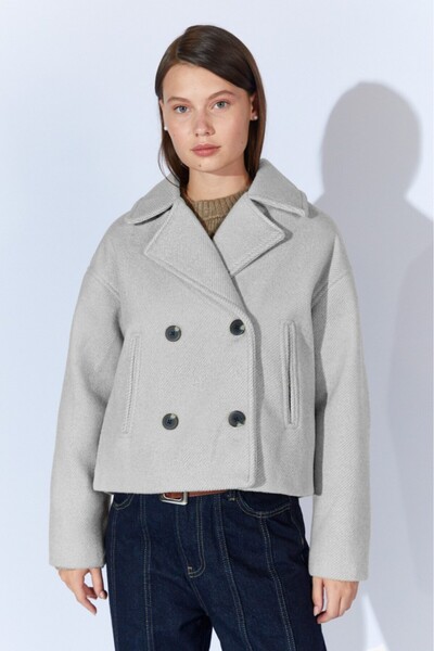 CGA Women's Coats Women's Sporty Gray Coat Four-Button Diagonal Short Cashmer...