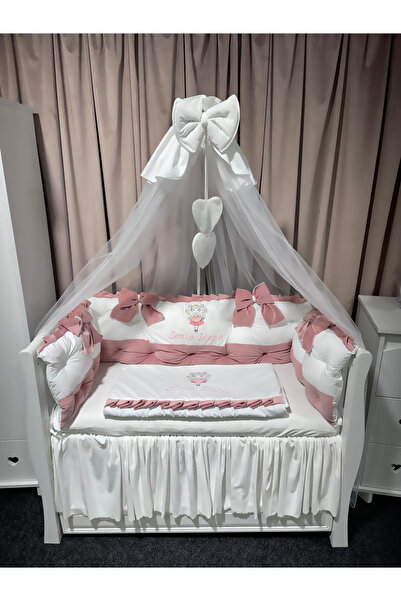 PeppiBambini Lenjerie de patut personalizata 7 piese ROYAL Catifea White Pink -