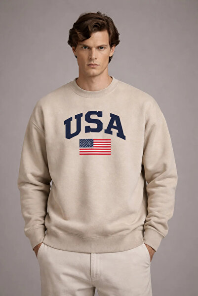 COMBİNE MİCHAİL Ανδρικό φούτερ με στάμπα America, σε χαλαρή γραμμή, σε κρεμ χ...