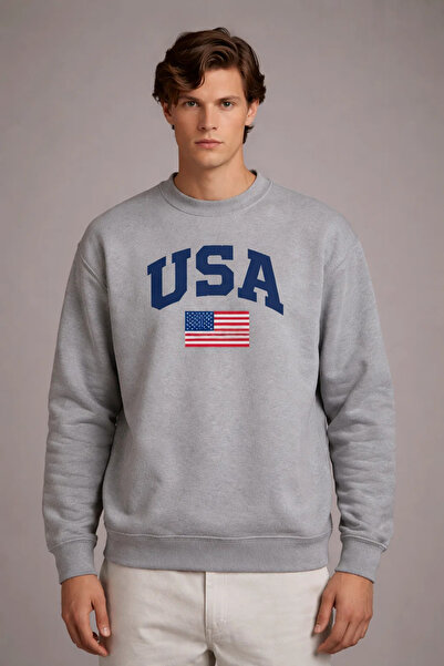 COMBİNE MİCHAİL Ανδρικό φούτερ με στάμπα America σε χαλαρή γραμμή, γκρι χρώμα