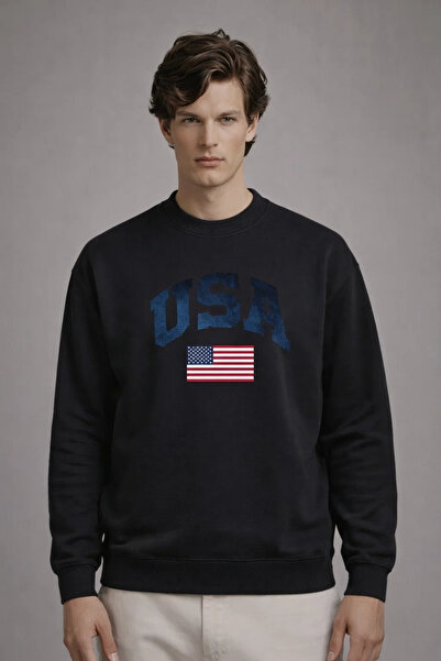 COMBİNE MİCHAİL Ανδρικό φούτερ με στάμπα America, φαρδύ, μαύρο