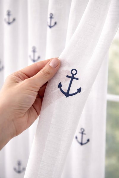 Perdenin Adresi Anchor Patterned Tulle Curtain 1/2.5 Regular Pleat Cornice Compatible Children's Room Modern Decorative Tulle
