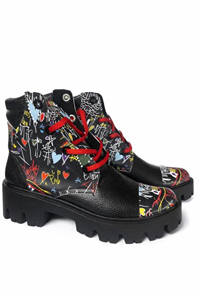 Polinski Shoes Women's Boots Made of Natural Black Leather Urban Graffiti - R...
