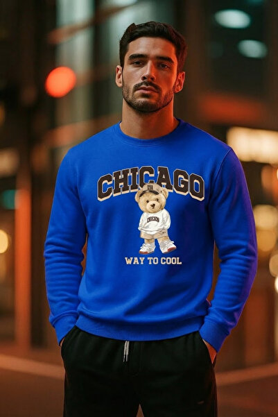 COMBİNE MİCHAİL Men's Teddy Bear Printed Casual Blue Sweatshirt