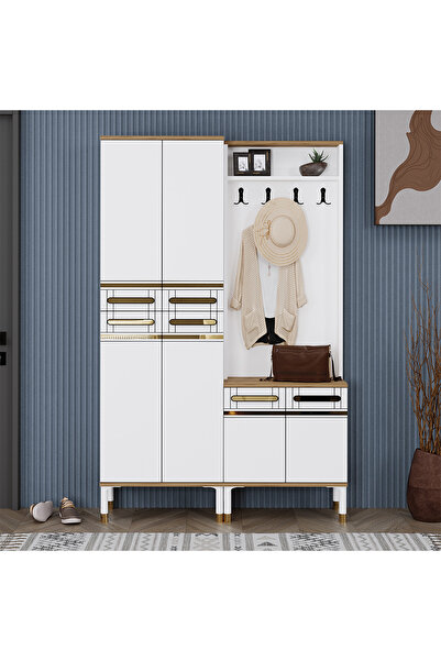 Kalender Dekor Kuzey-1-4 Portmanto Vestiyer Ayakkabılık Çam Beyaz Altın