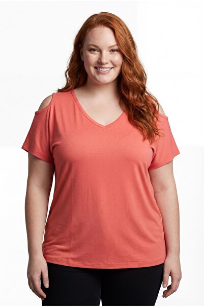 Ebsumu Women's Plus Size Off-The-Shoulder V-Neck Viscose Coral T-Shirt – Fron...