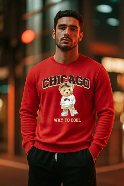 COMBİNE MİCHAİL Men's Teddy Bear Print Casual Red Sweatshirt