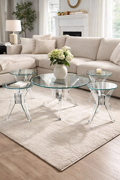 MARIA HOMES Modern Acrylic Console Table Set 1+4 Tempered Glass Top Silver Le...