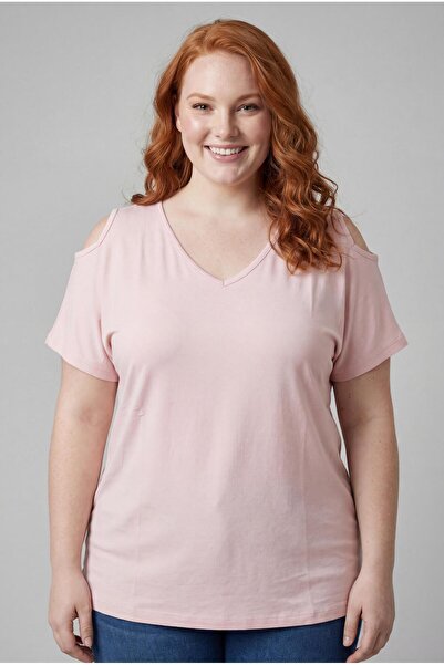 Ebsumu Women's Plus Size Off-The-Shoulder V-Neck Viscose Powder T-Shirt – Fro...