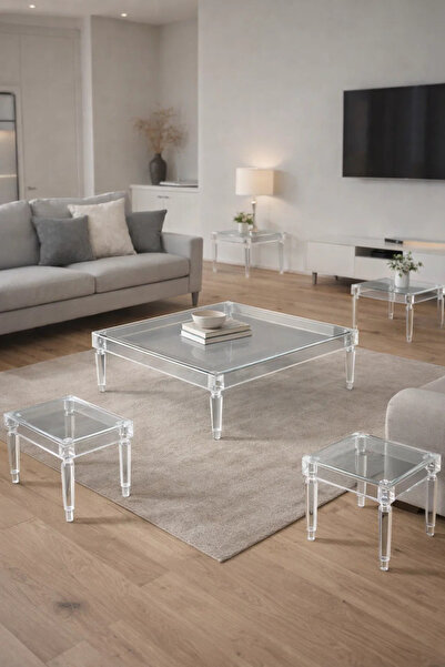 MARIA HOMES Modern 5-Piece Glass Coffee Table Set with Acrylic Base – Clear G...