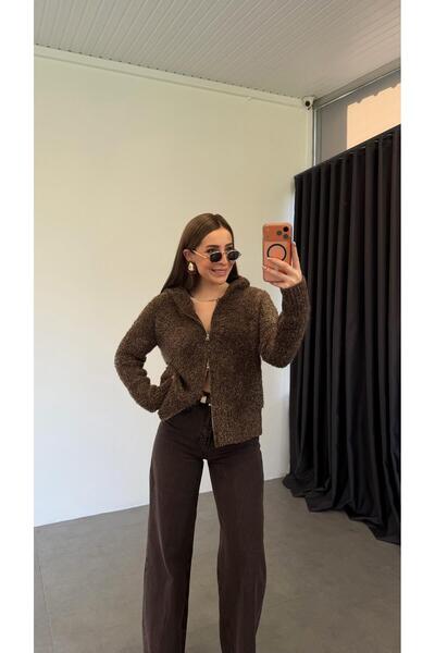 elif teke Buklet Dokulu Kapişonlu Hırka Kahverengi