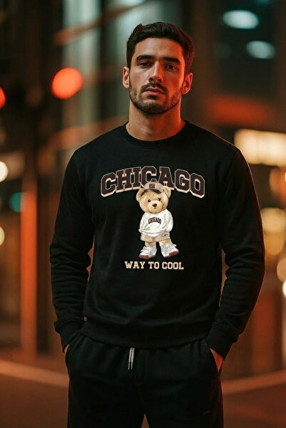 COMBİNE MİCHAİL Ανδρικό φούτερ με στάμπα αρκουδάκι, σε χαλαρή γραμμή, μαύρο