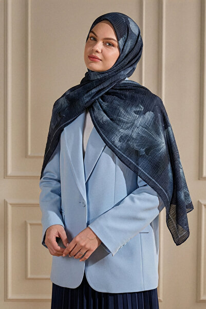 SilkTouch Lacivert Soft Bloom Desenli Müslin Şal