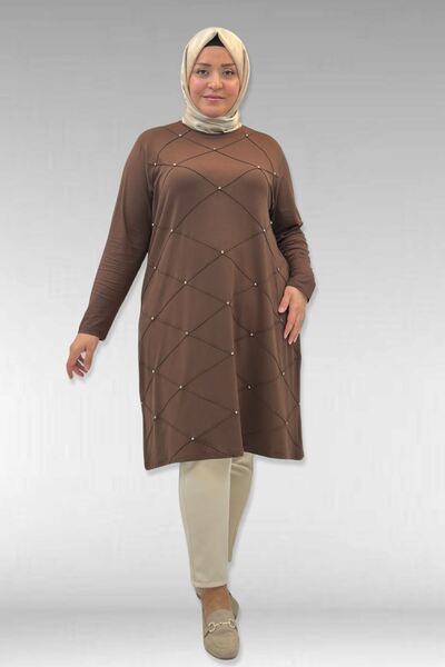 Eslina 68004 Plus Size Combed Cotton Tunic with Fringe Detail - Brown