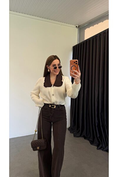 elif teke Kahve Bebe Yakalı Triko Hırka Ekru