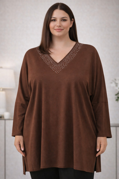 TUSSE Women's Plus Elegant V-Neck Viscose Oversized Blouse with Spliced Stones