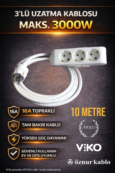 Aryes 3’lü 10 Metre Uzatma Kablosu 3x2,5 TTR Tam Bakır Kalın Kablo 3000W Güve...
