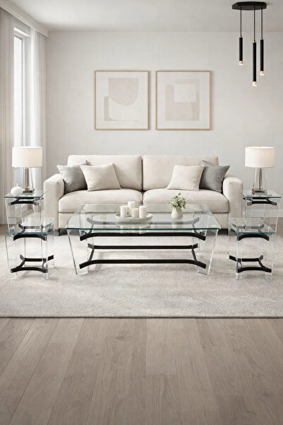 MARIA HOMES Modern 5-Piece Glass Coffee Table Set with Black Acrylic Base – C...