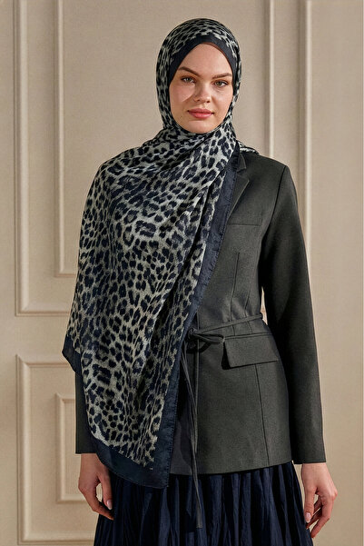 SilkTouch Navy Blue Gray Leopard Patterned Shawl