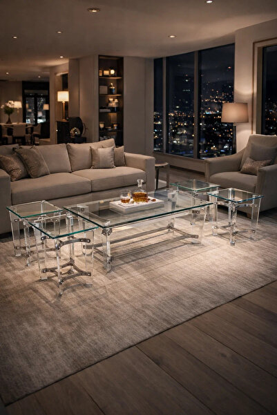 MARIA HOMES Sleek 5-Piece Glass Coffee Table Set with Silver Acrylic Base – M...